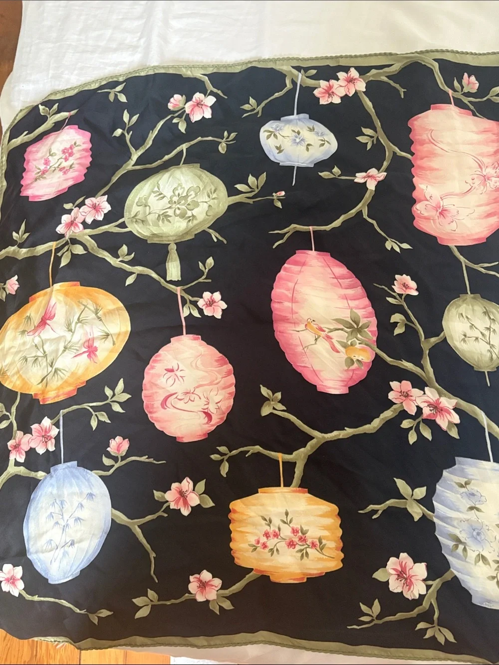 Talbots Black Floral Lantern Print Silk Scarf with Pink and Green Accents